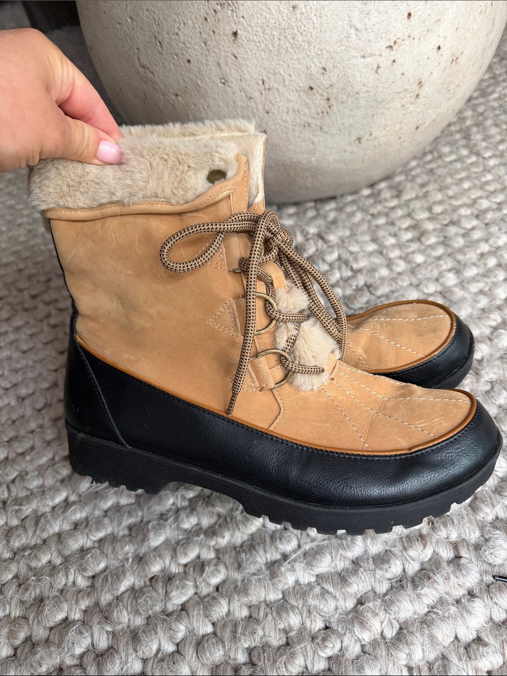 UGG Tan and Black Lace-Up Shearling Winter Boots